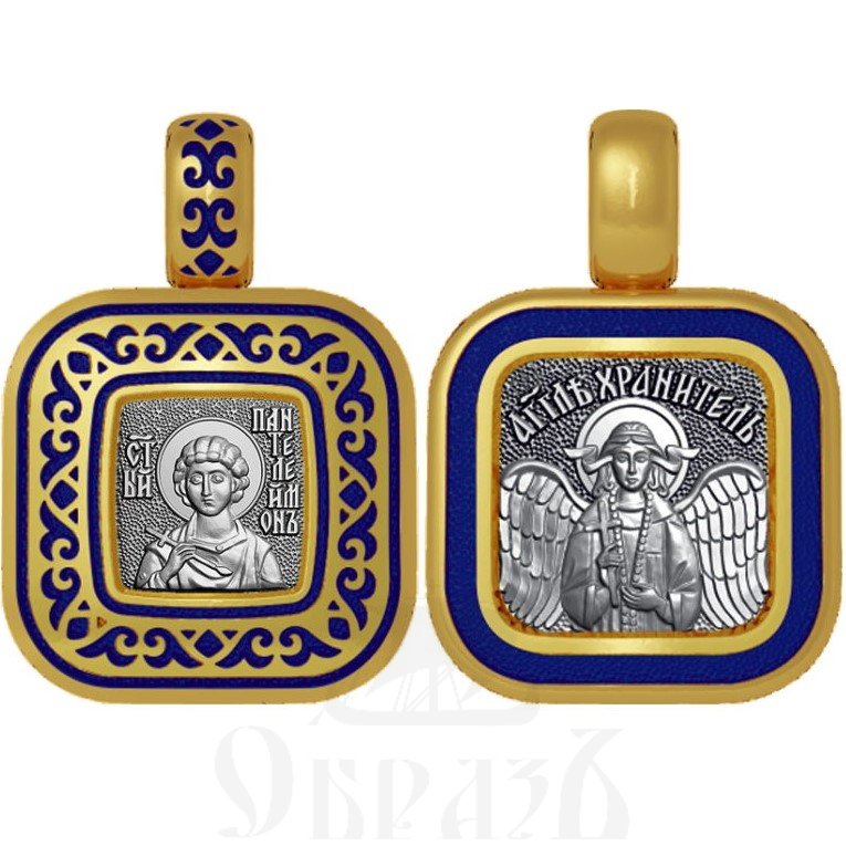 нательная икона святой великомученик пантелеимон целитель, серебро 925 проба с золочением и эмалью (арт. 01.103)